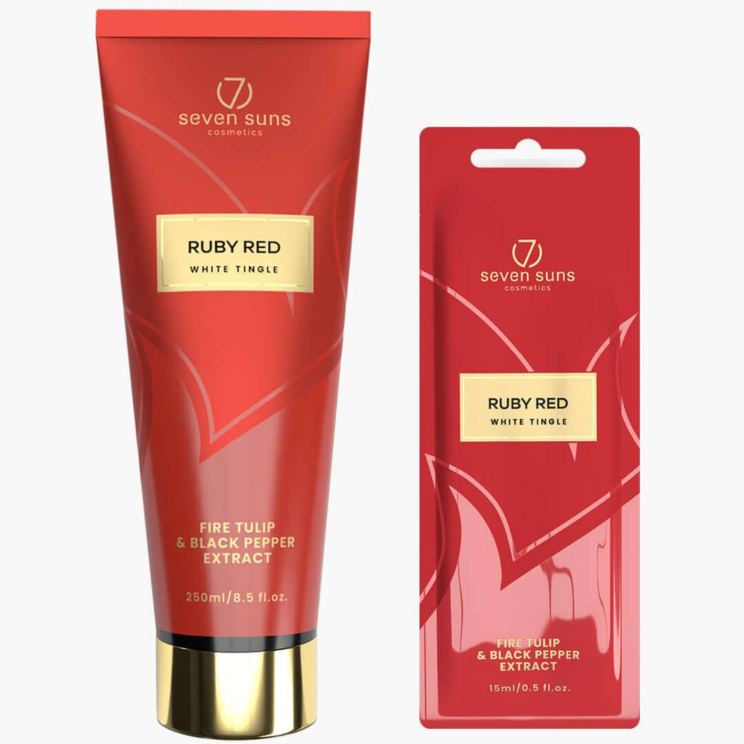 7suns Ruby Red White Tingle solarium accelerator tube with gold cap and matching sachet