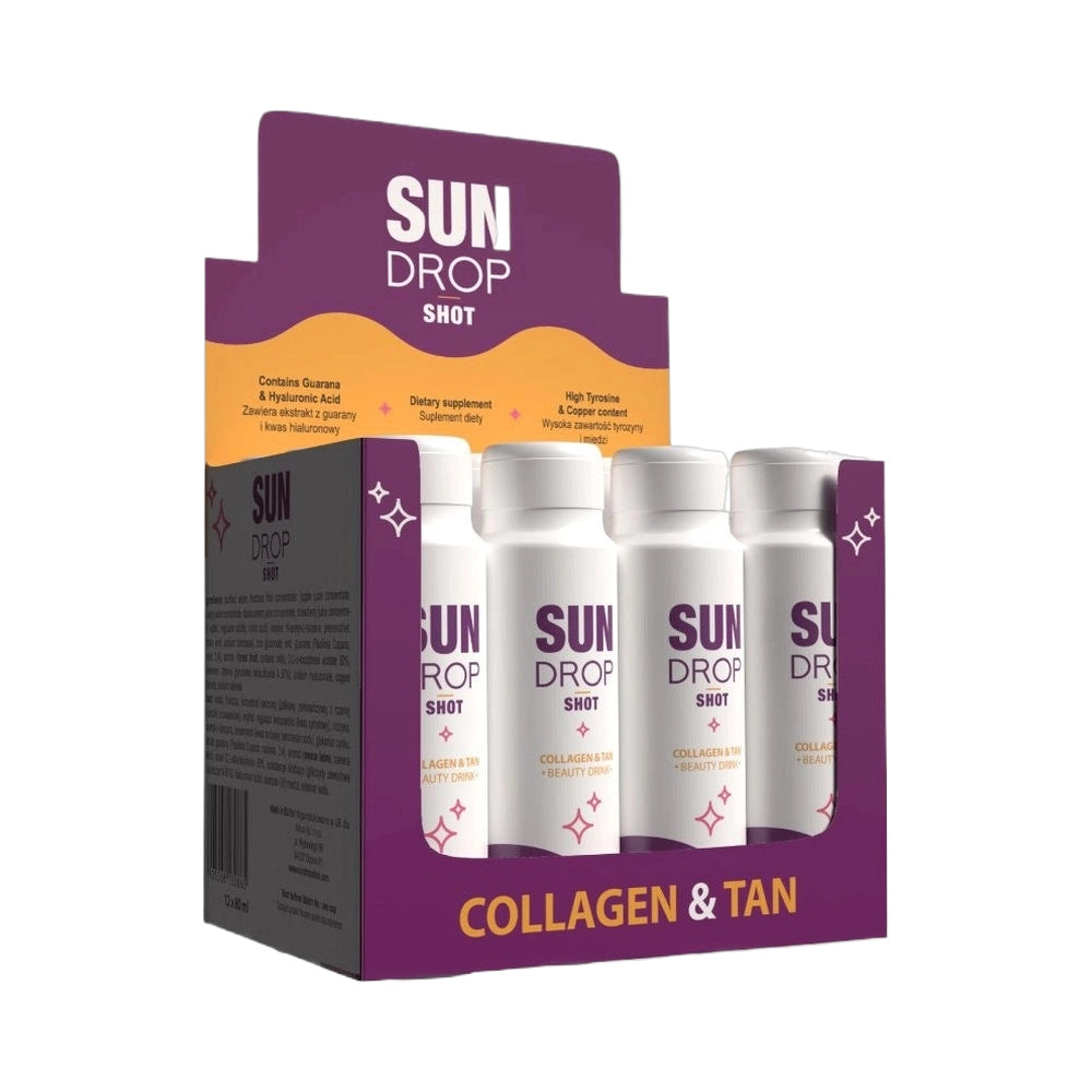 7suns Sun Drop Shot Collagen & Tan tanning supplement display box with Guarana, Hyaluronic Acid and Tyrosine