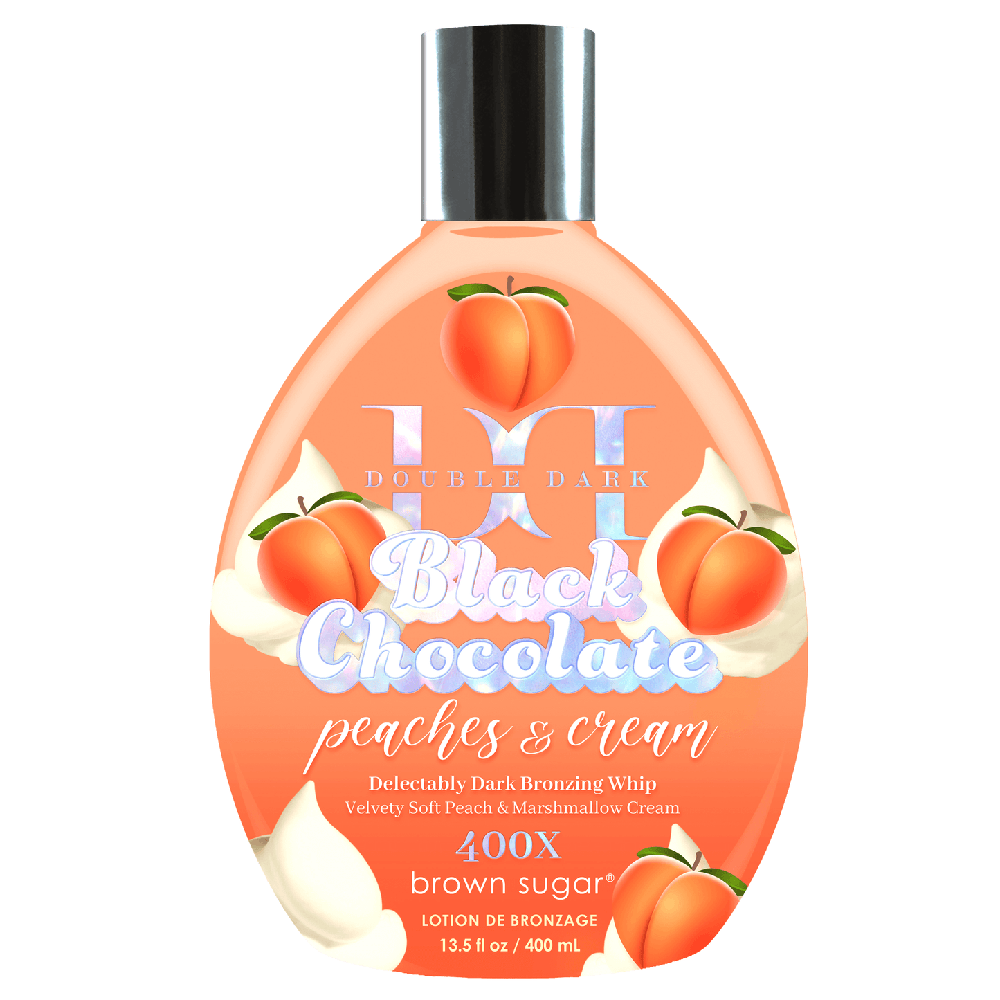 Cremă pentru solariu Brown Sugar Double Dark Peaches & Cream 400X spumă pentru bronz natural închis și piele moale, 400 ml