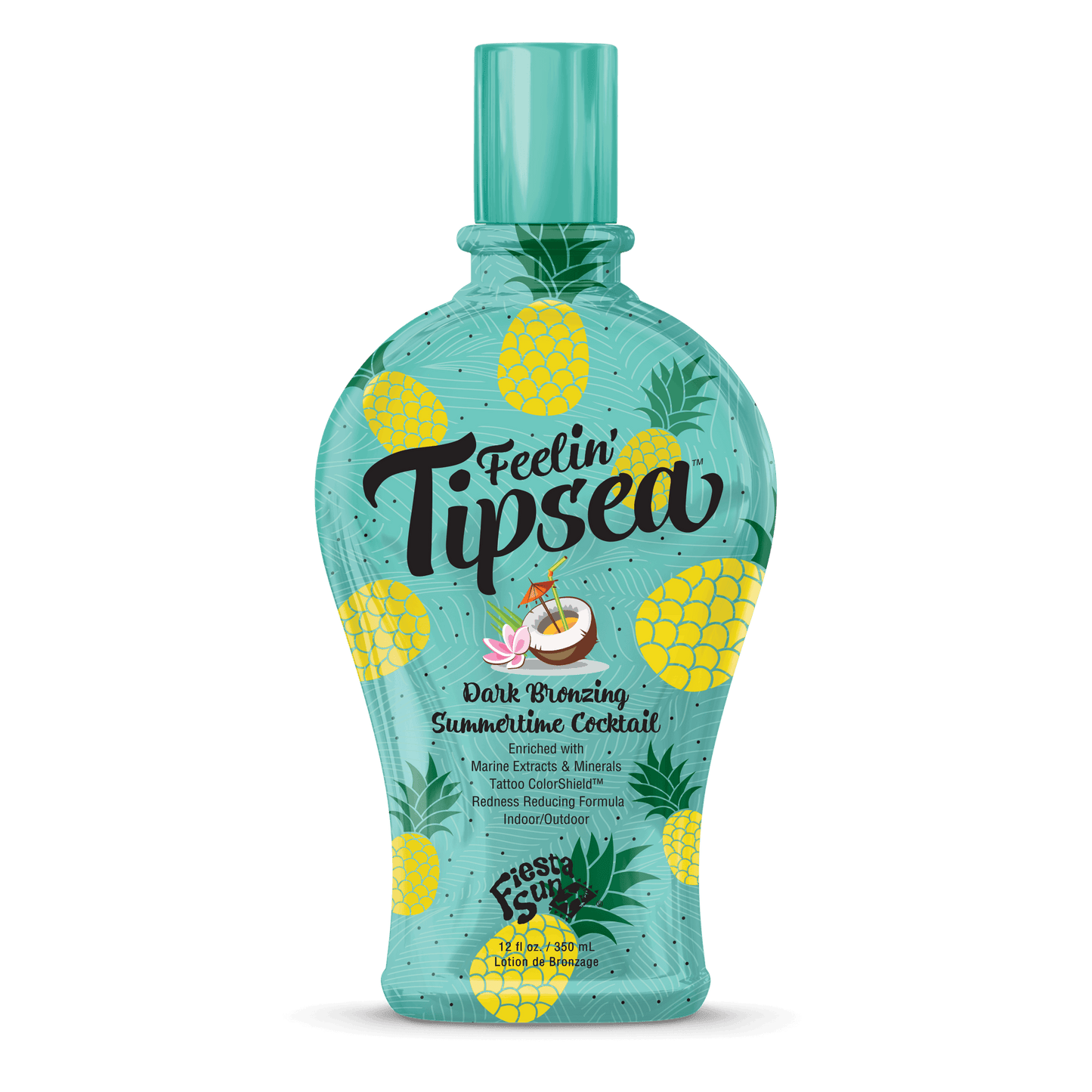 Fiesta Sun Feelin' Tipsea dark bronzing lotion with marine extracts and tattoo color shield in teal bottle