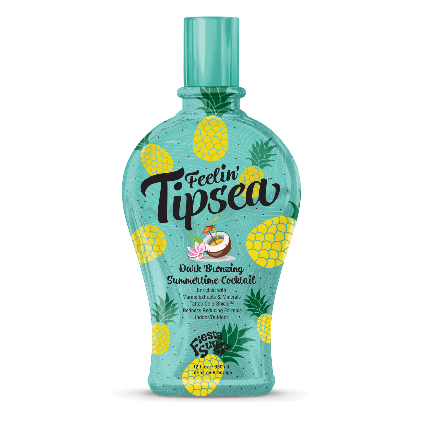 Fiesta Sun Feelin' Tipsea dark bronzing lotion with marine extracts and tattoo color shield in teal bottle