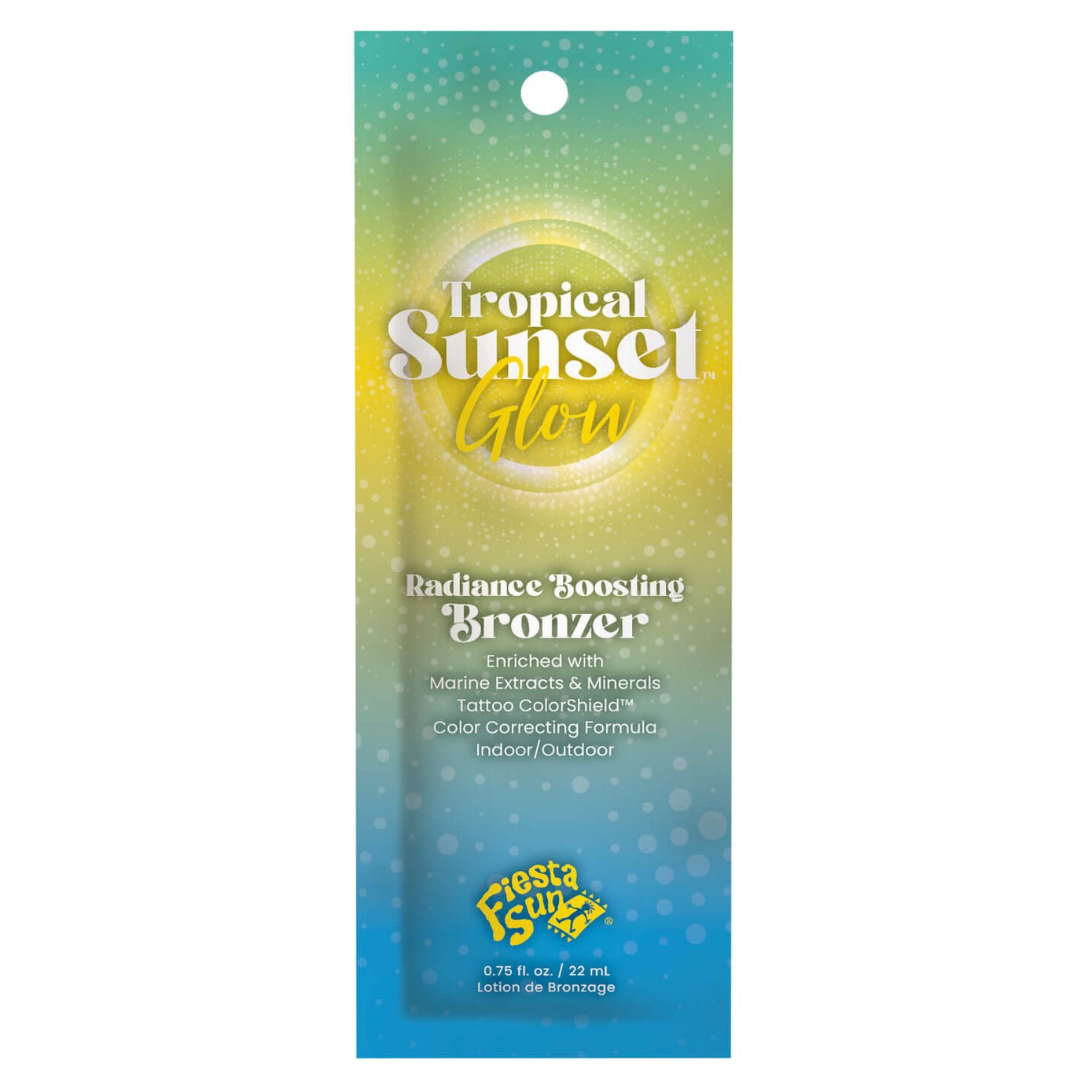 Fiesta Sun Tropical Sunset Glow bronzing lotion sachet with marine extracts and ColorShield technology