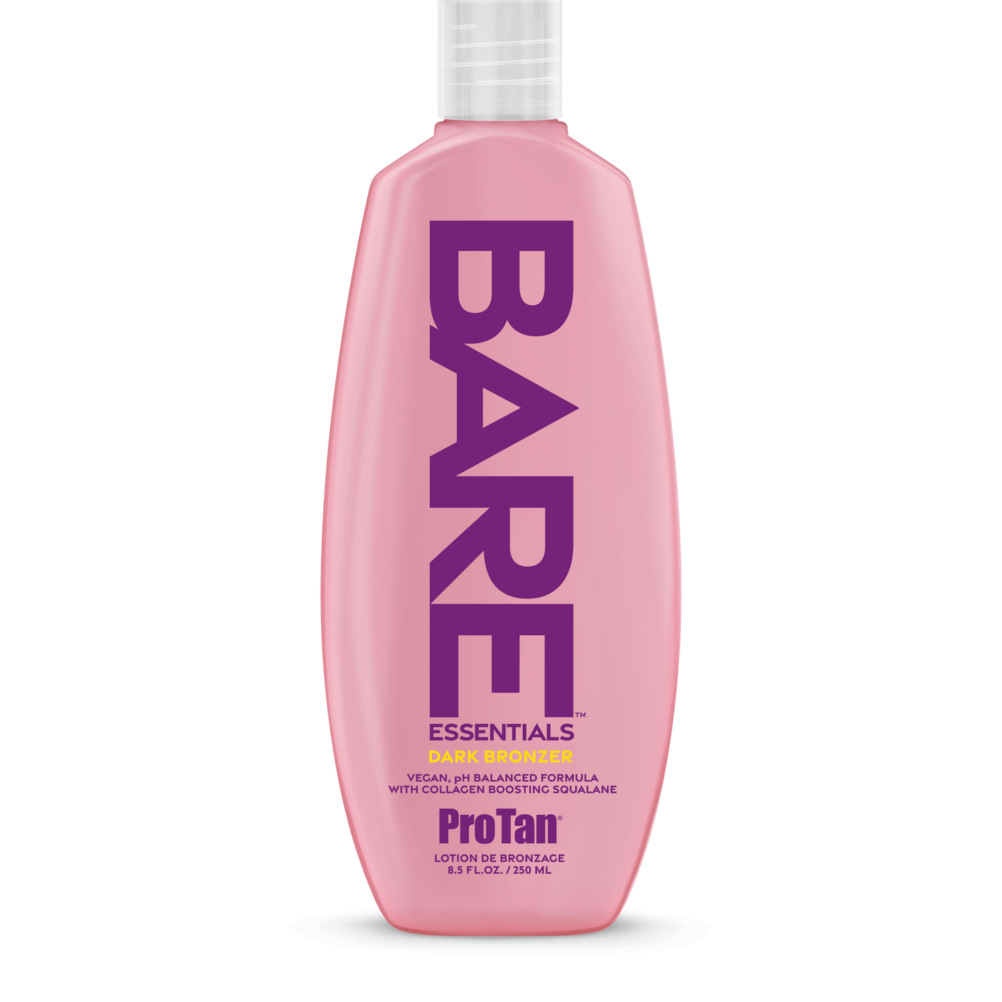 Pro Tan Bare Essentials Dark Bronzer cream in pink bottle with vegan collagen boosting formula