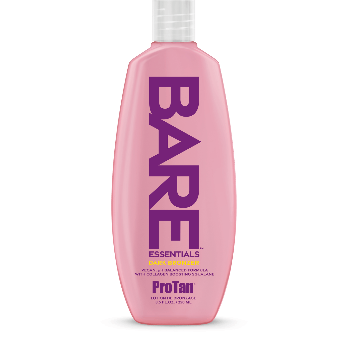 Pro Tan Bare Essentials Dark Bronzer cream in pink bottle with vegan collagen boosting formula