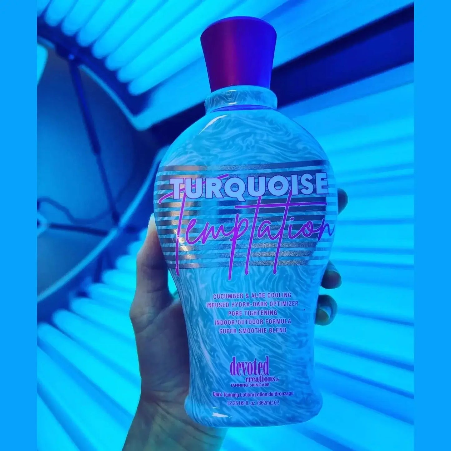 Lotion for solarium Devoted Creations Turquoise Temptation, Hydra Dark Tan Optimizer with cucumber, aloe and cooling effect, 360 ml