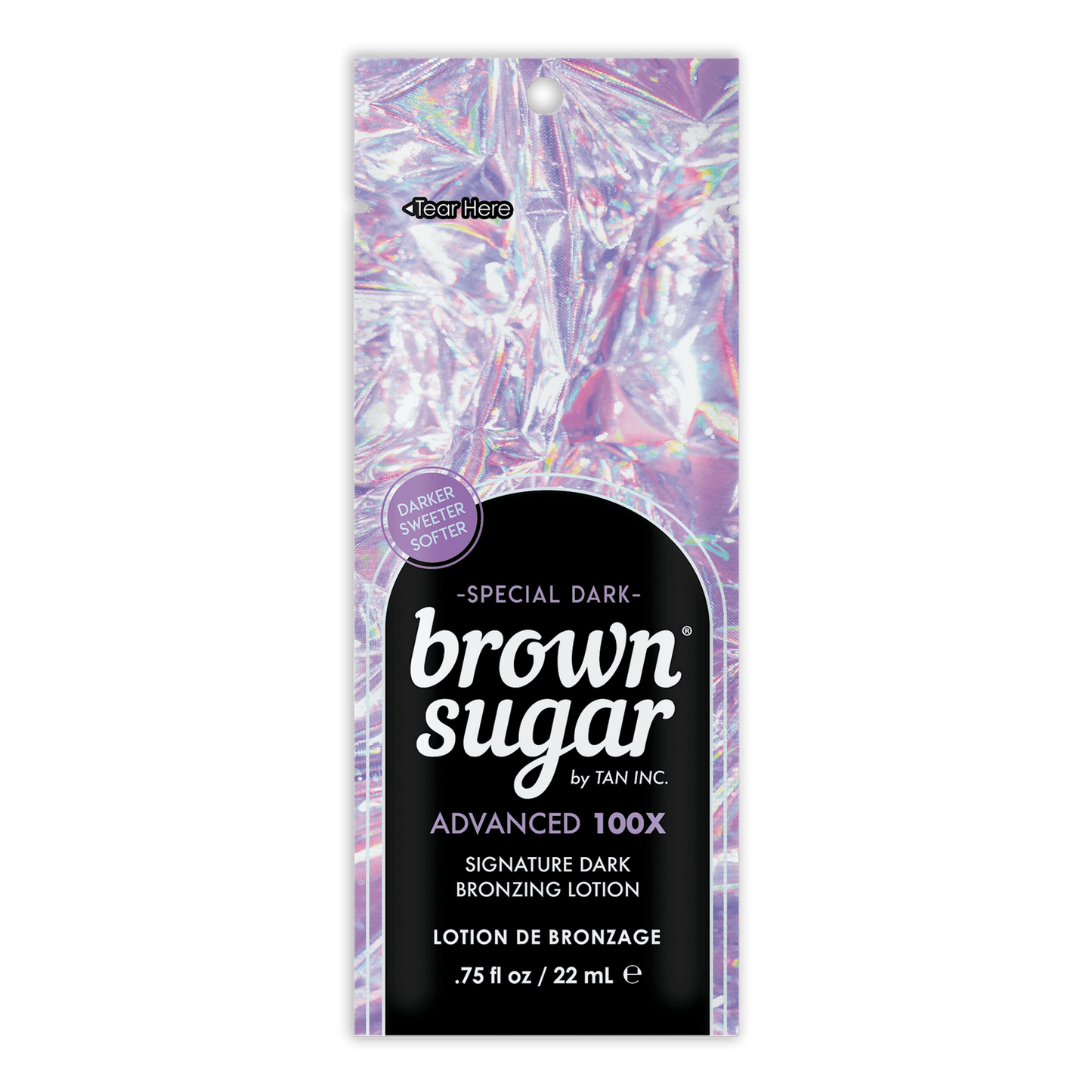 Tan Inc Special Dark Brown Sugar 100X bronzing lotion 22ml with holographic purple packaging