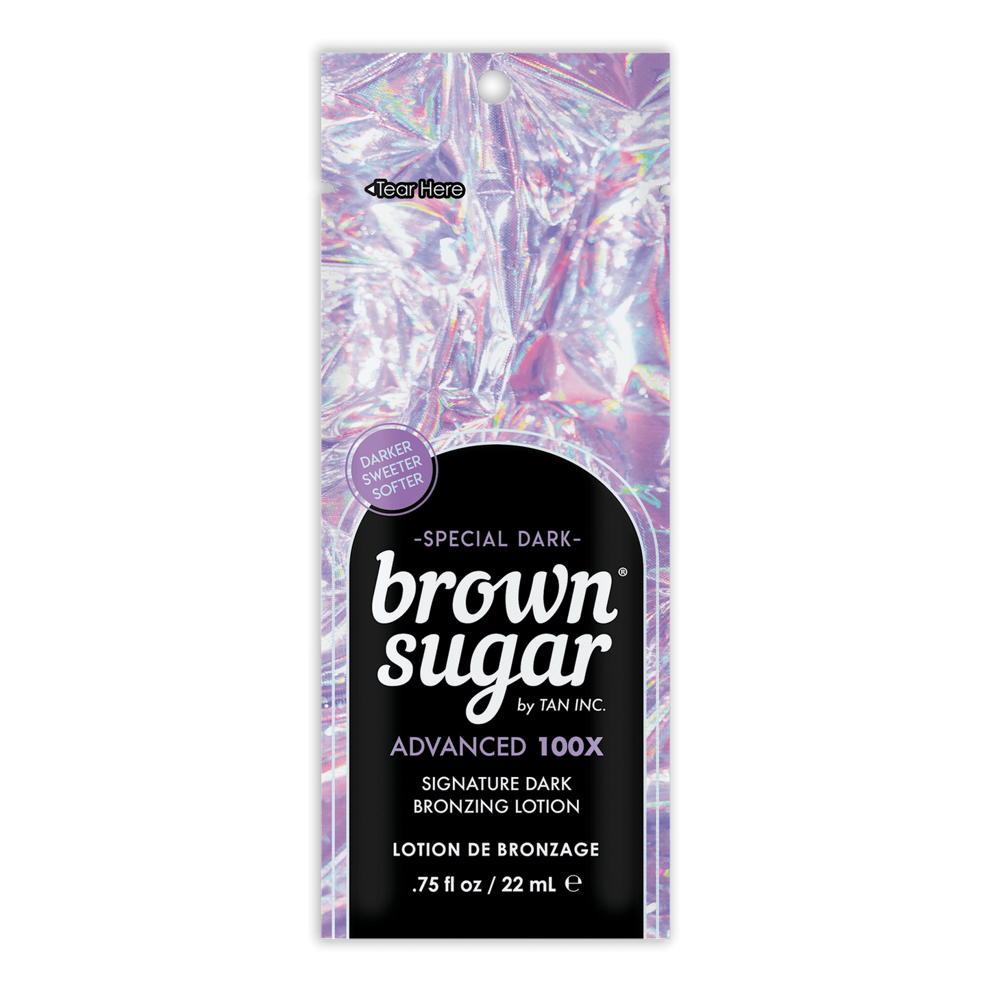 Tan Inc Special Dark Brown Sugar 100X bronzing lotion 22ml with holographic purple packaging