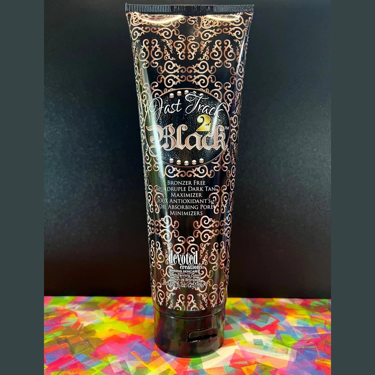 Solarium accelerator Devoted Creations Fast Track 2 Black, 300X Quadruple Dark Tan Maximizer with antioxidants, 251 ml
