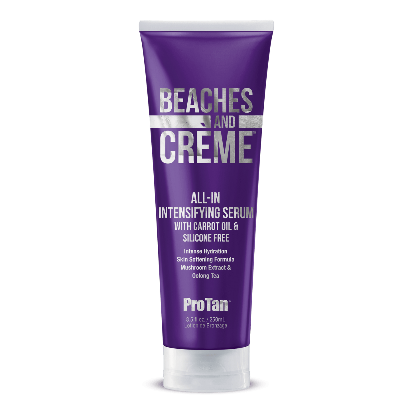 Pro Tan Beaches and Crème All-in-one Accelerator Serum with carrot oil and mushroom extract in matte purple tube