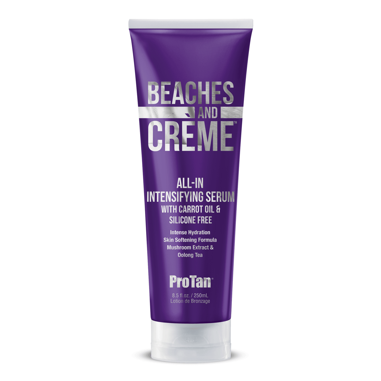 Pro Tan Beaches and Crème All-in-one Accelerator Serum with carrot oil and mushroom extract in matte purple tube