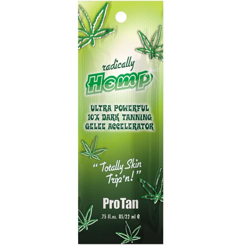 Pro Tan Solarium Accelerator Pro Tan Radically Hemp Gelee tag with green gradient and cannabis leaf design