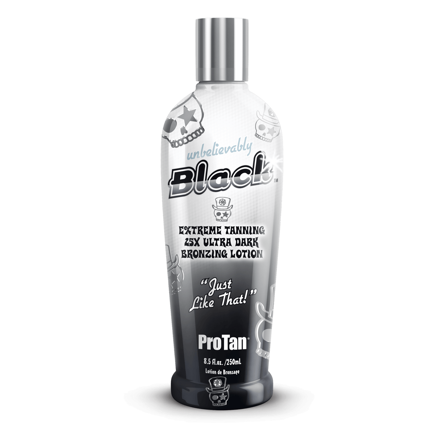 Pro Tan Unbelievably Black 250ml ultra dark bronzing lotion bottle with skull label design