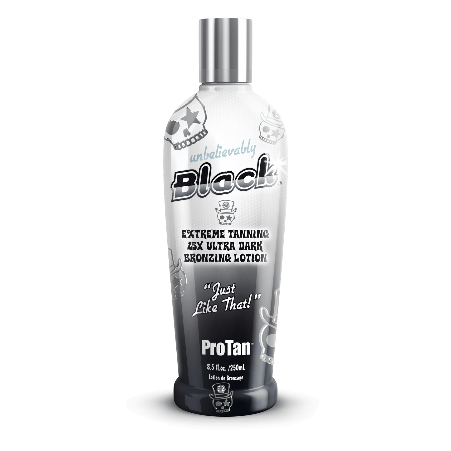 Pro Tan Unbelievably Black 250ml ultra dark bronzing lotion bottle with skull label design