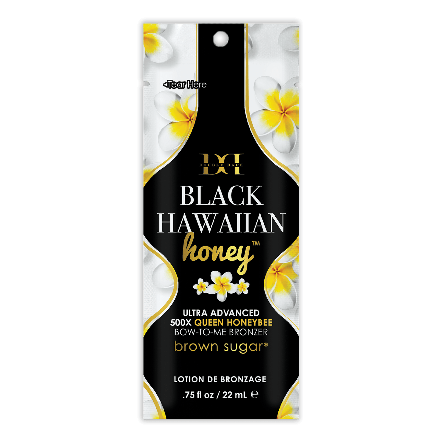 Brown Sugar Double Dark Black Hawaiian Honey solarium bronzer cream packaging with gold accents and plumeria flowers