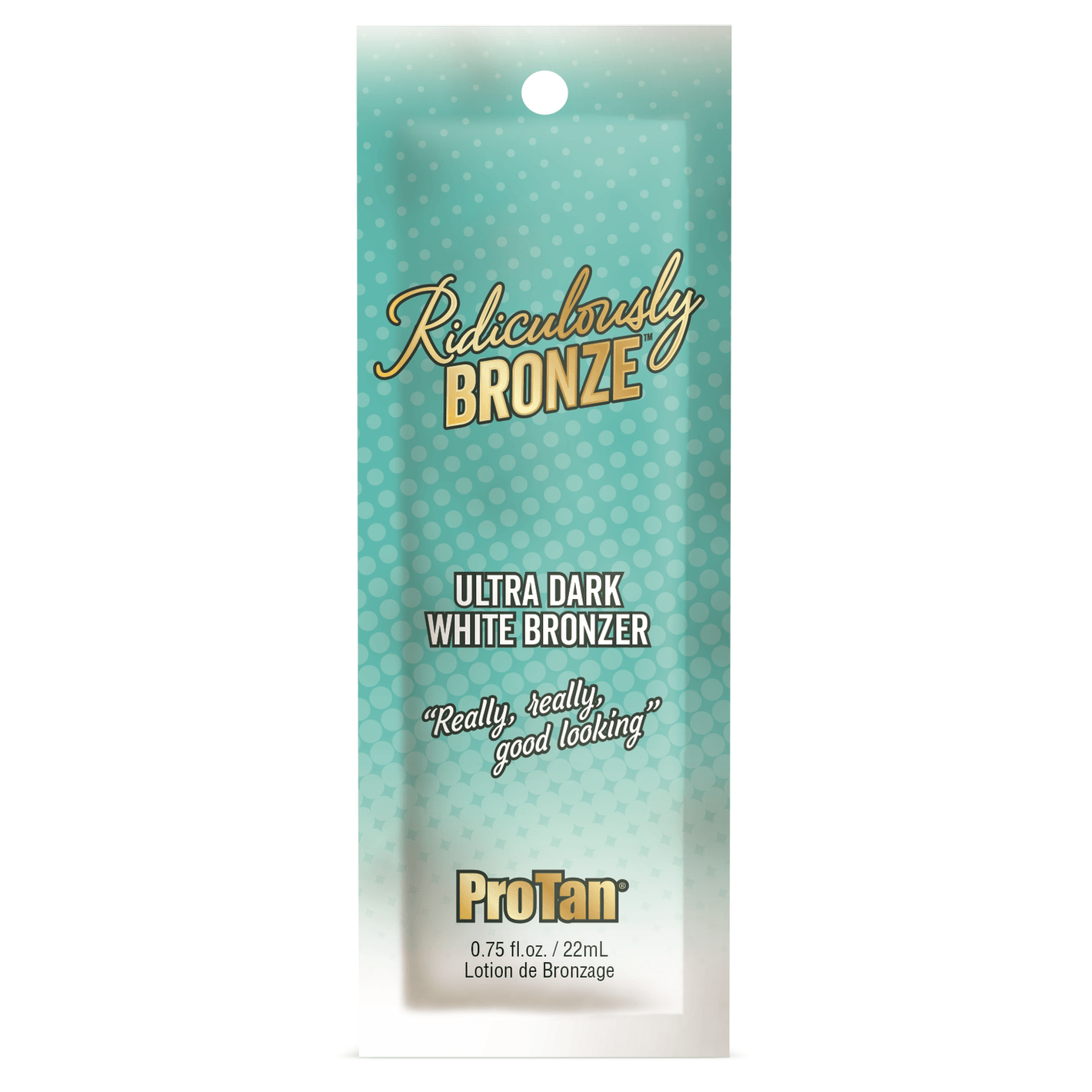 Pro Tan Ridiculously Bronze Ultra Dark White Bronzer cream packaging with teal polka dot design