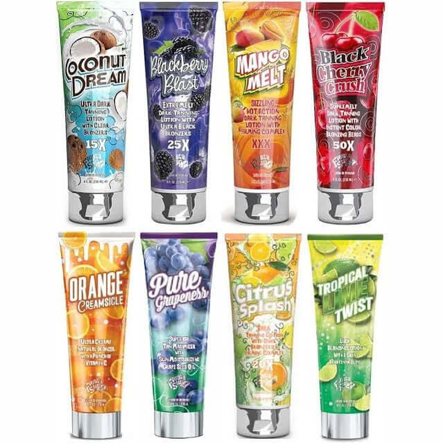 Fiesta Sun Solarium Lotion variety pack with eight fruit-flavored tanning accelerators