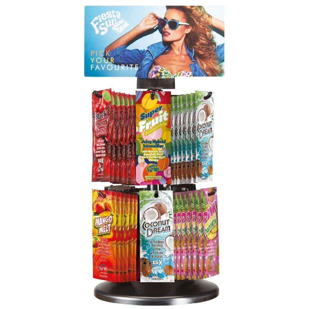 Fiesta Sun solarium tanning sachet display stand with Super Fruit Smoothie and other fruit flavors