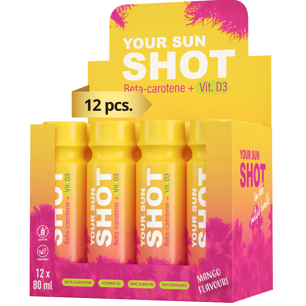 Soleo Your Sun SHOT Mango drinkable tanning supplement box with 12 x 80 ml bottles, Beta-carotene and Vitamin D3