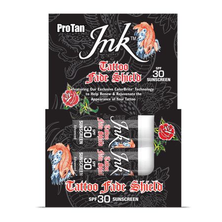Pro Tan Ink SPF 30 Tattoo Fade Shield sunscreen box with koi fish design
