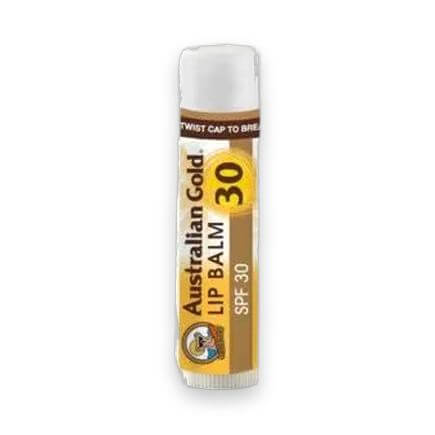 Australian Gold SPF 30 coconut lip balm stick with white cap and ribbed base