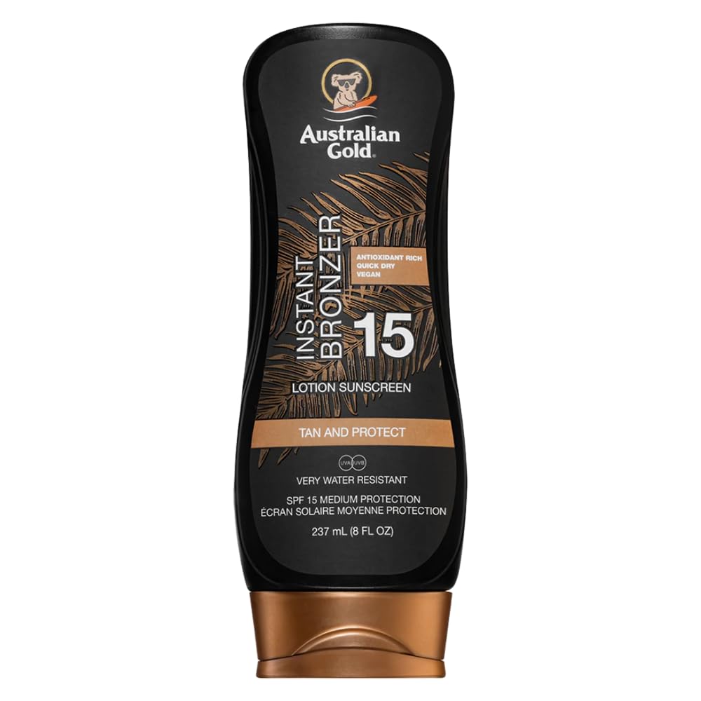 Australian Gold SPF 15 Instant Bronzer sunscreen lotion in black bottle with bronze cap