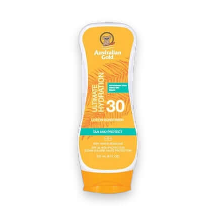 Australian Gold SPF 30 Ultimate Hydration sunscreen lotion in orange and white squeeze bottle with palm leaf pattern