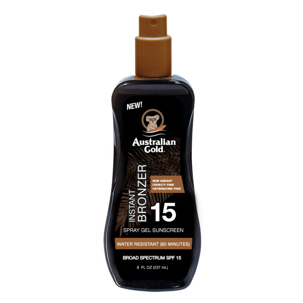 Australian Gold SPF 15 Instant Bronzer sunscreen spray gel bottle