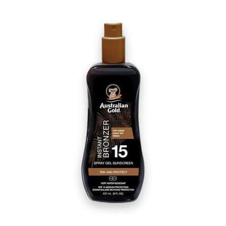 Australian Gold SPF 15 Instant Bronzer sunscreen spray gel bottle