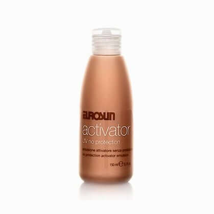 Eurosun Tan Accelerator Emulsion 150ml bottle with golden-brown liquid and ribbed cap