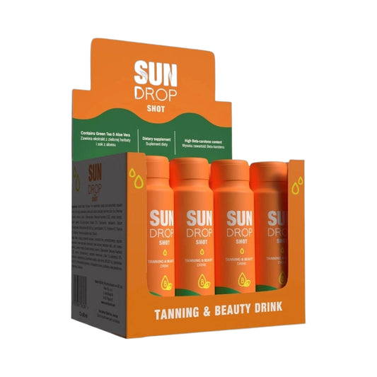 7suns Sun Drop Shot tanning supplement display box with orange bottles