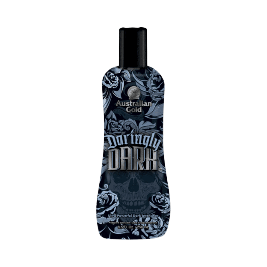 Australian Gold Daringly Dark accelerator for solarium, 250ml bottle with skull and roses label