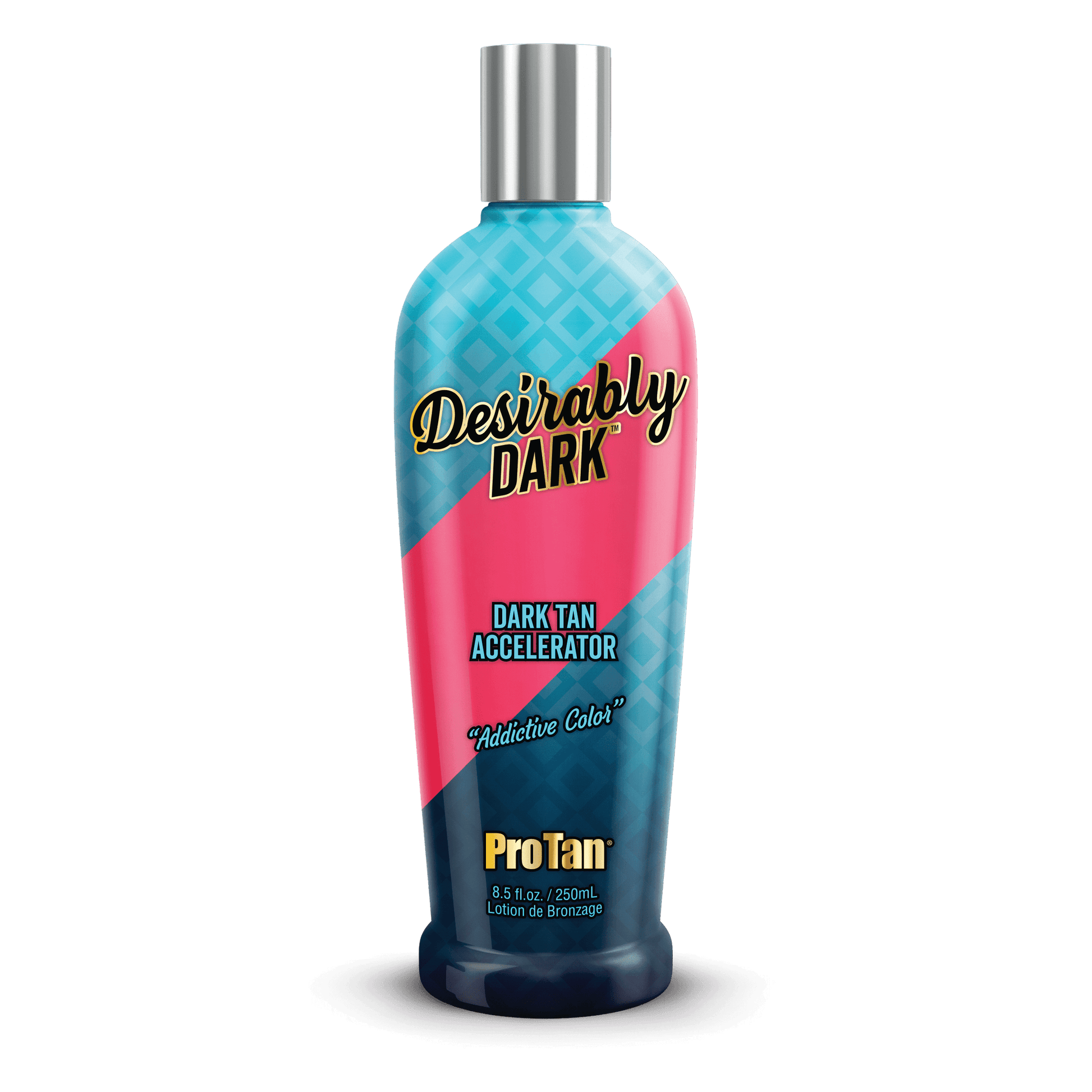 Pro Tan Desirably Dark solarium accelerator lotion with antioxidants in 250ml blue and pink bottle