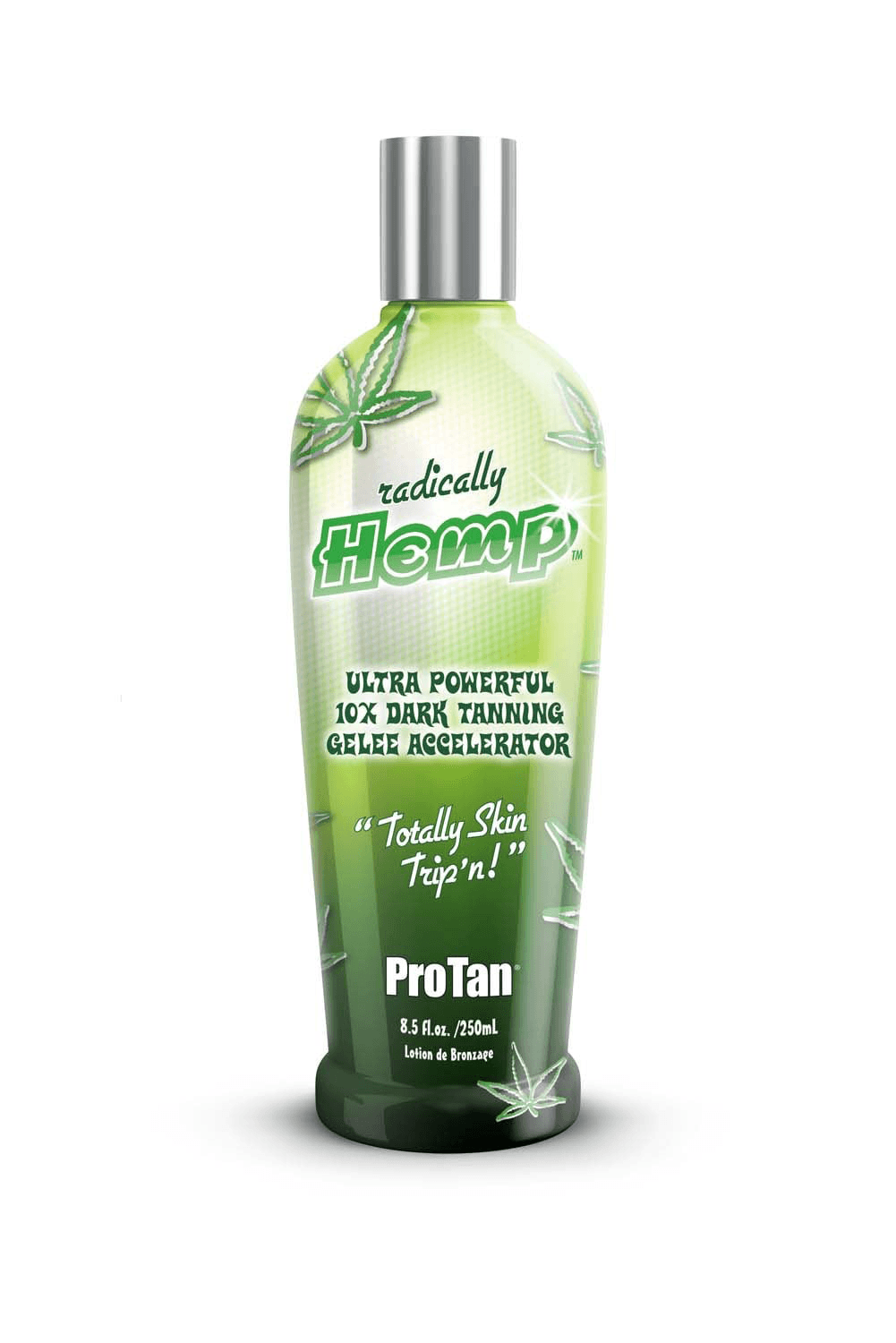 Pro Tan Radically Hemp Gelee tanning accelerator bottle with green gradient design and cannabis leaf label