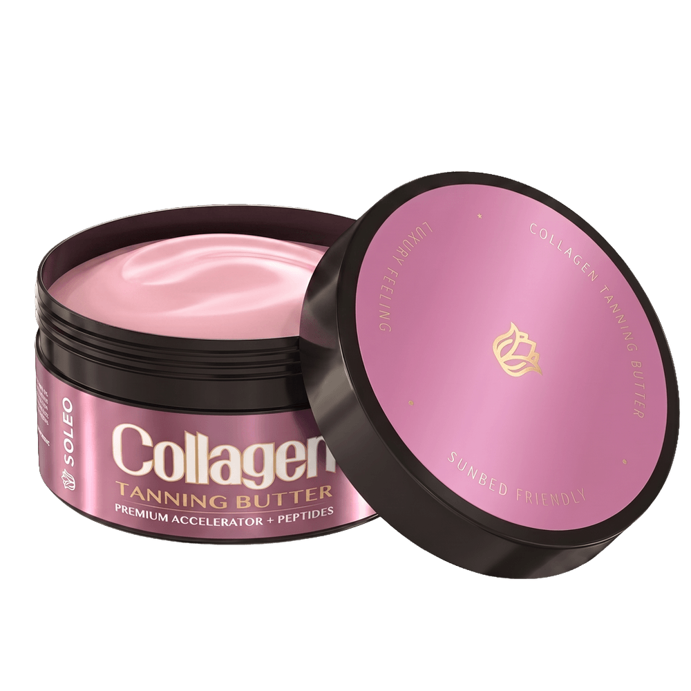 Soleo Collagen Tanning Butter Accelerator jar open showing light pink butter texture