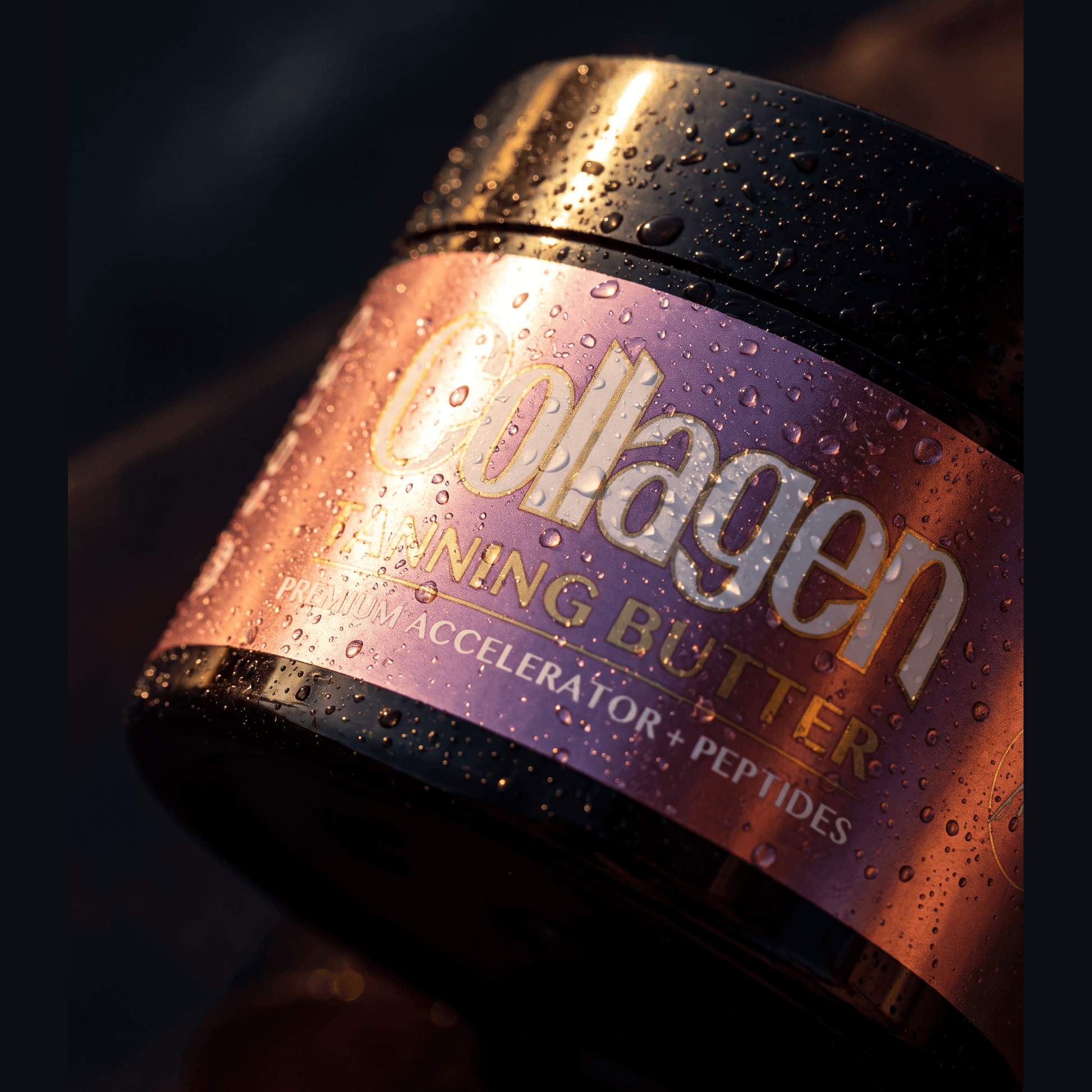 Close-up of Soleo premium tanning butter jar with water droplets and gold accents