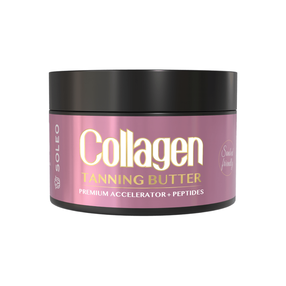 Soleo black jar of Collagen Tanning Butter Accelerator with peptides for sunbeds