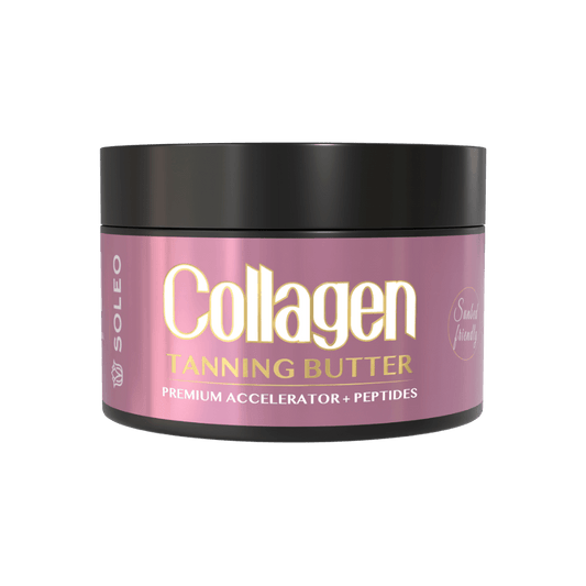 Soleo black jar of Collagen Tanning Butter Accelerator with peptides for sunbeds