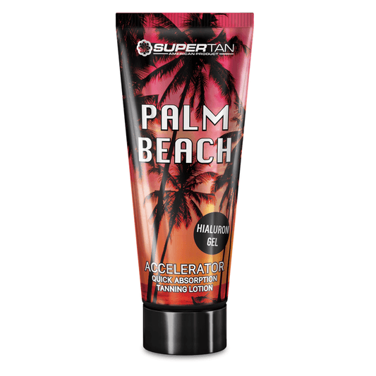 Supertan Palm Beach tanning accelerator tube with sunset label design and black cap on white background