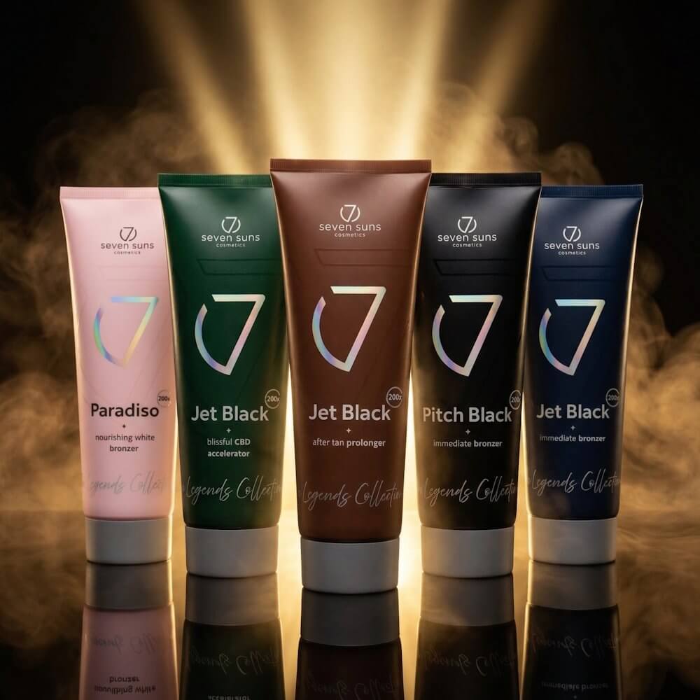 7suns Legends Collection after tan lotions lineup including Jet Black