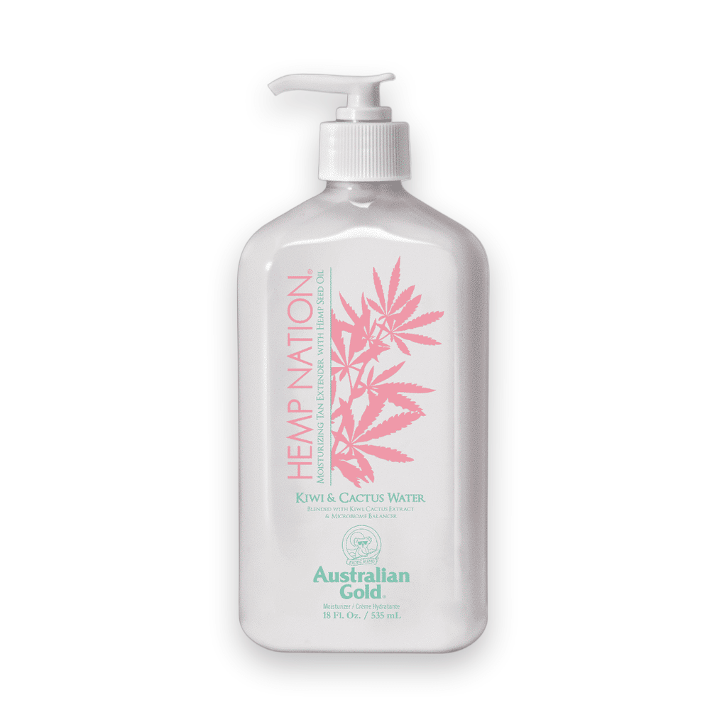 White pump bottle of Australian Gold Hemp Nation moisturizing tan extender with pink hemp leaf design