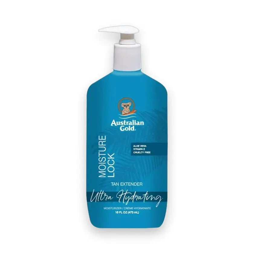 Australian Gold Moisture Lock after tan lotion, ultra hydrating aloe vera formula in teal pump bottle
