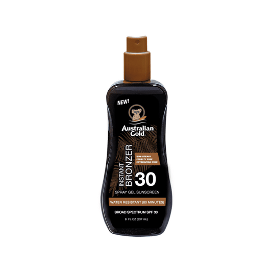 Australian Gold SPF 30 Spray Gel Instant Bronzer, water-resistant broad spectrum sunscreen with non-greasy quick-dry formula