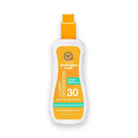 Australian Gold SPF 30 spray gel sunscreen bottle showing non-greasy quick dry formula