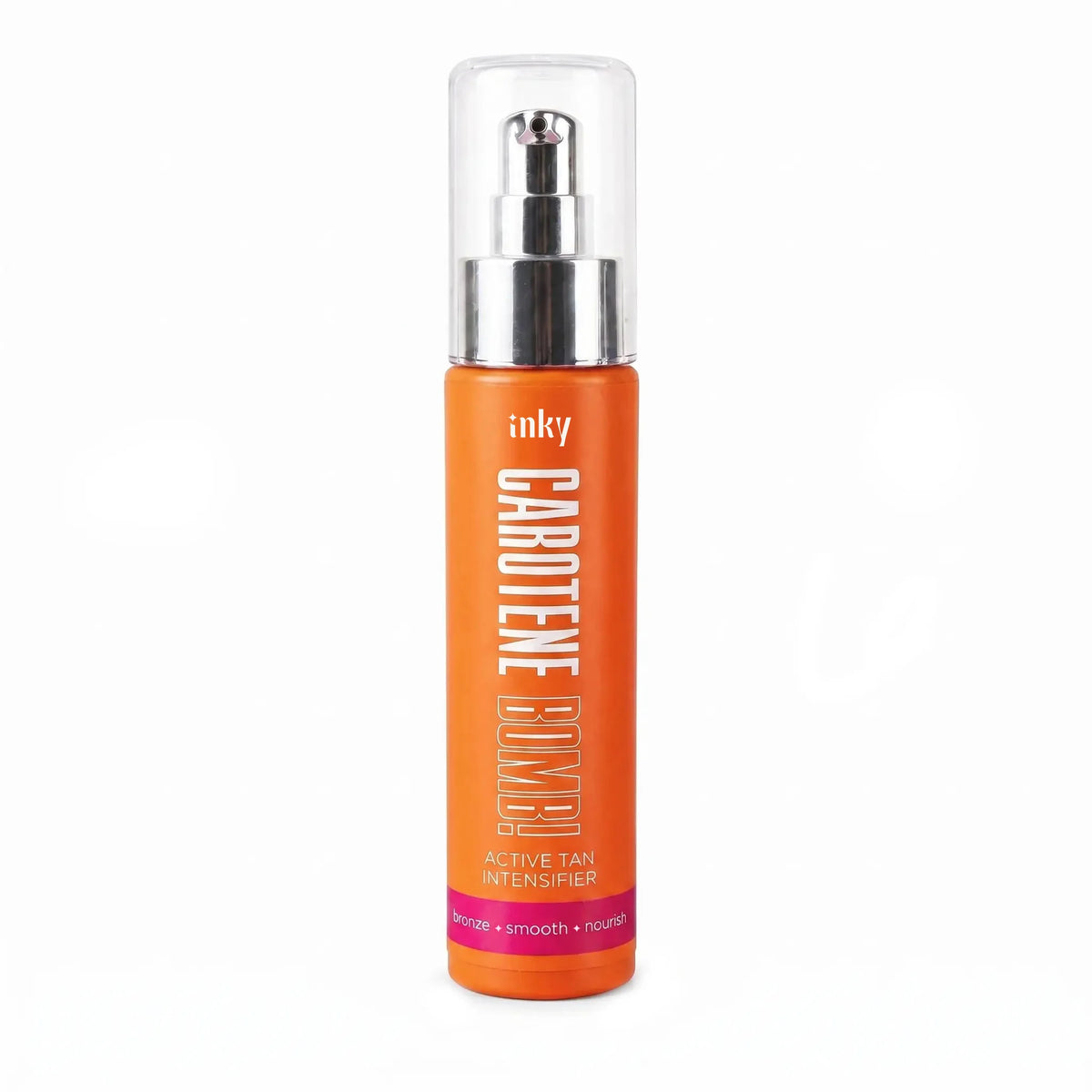 Inky Carotene Bomb dry oil tan intensifier bottle with pump dispenser