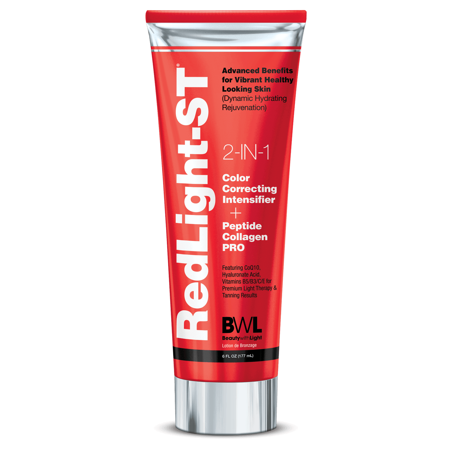 Red BWL Red Light-ST solarium lotion bottle featuring peptide collagen and vitamins for tan maximization