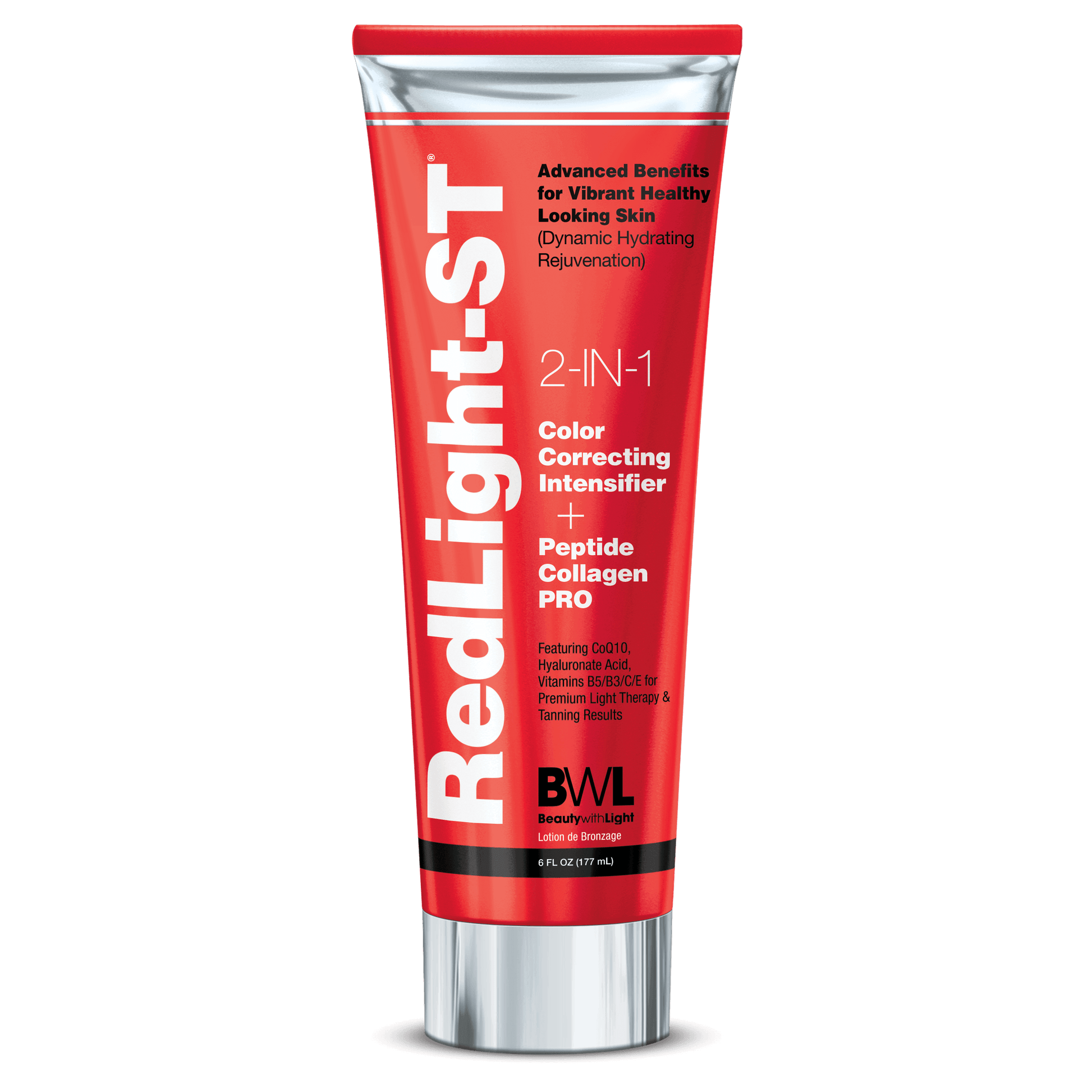 Red BWL Red Light-ST solarium lotion bottle featuring peptide collagen and vitamins for tan maximization