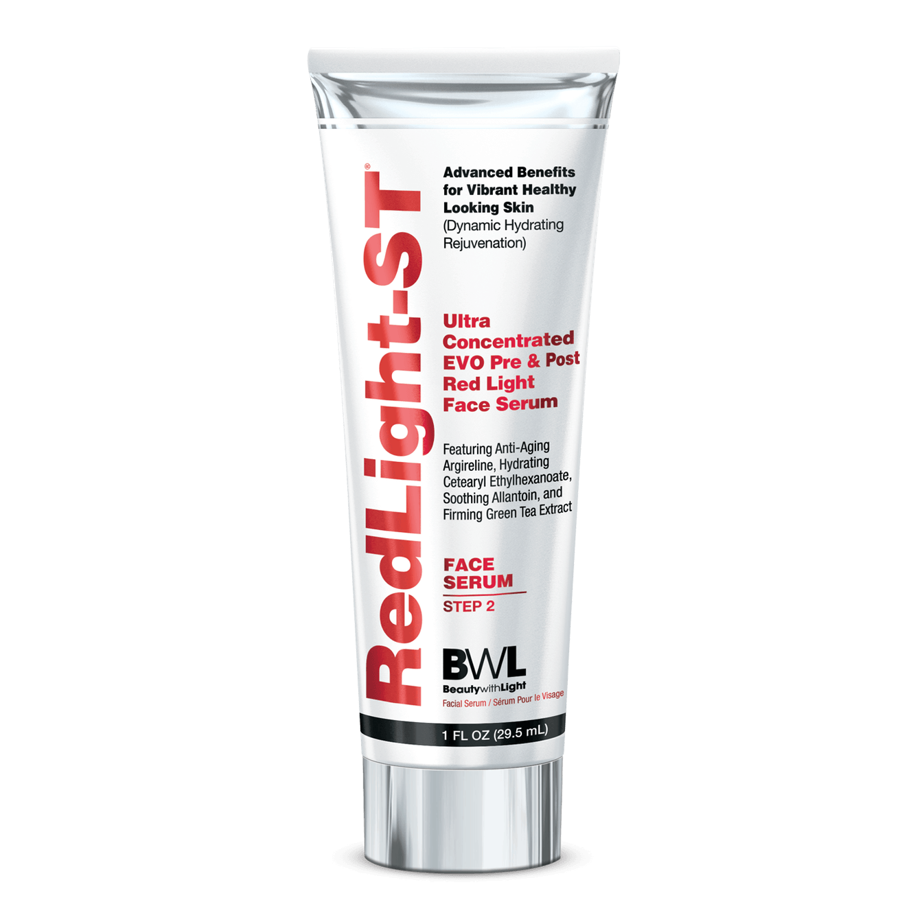 BWL Red Light-ST Face Serum in white tube with silver cap featuring Argireline and Allantoin for anti-aging