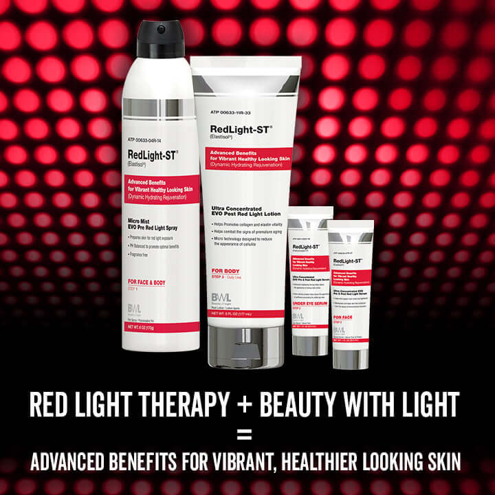 BWL Red Light Therapy skincare collection including face serum, under eye serum, and post-treatment lotion