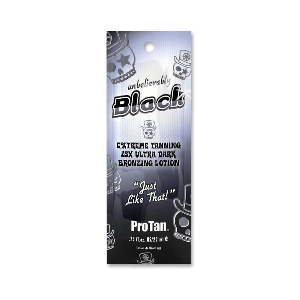 Pro Tan Unbelievably Black extreme tanning lotion tag with skull design