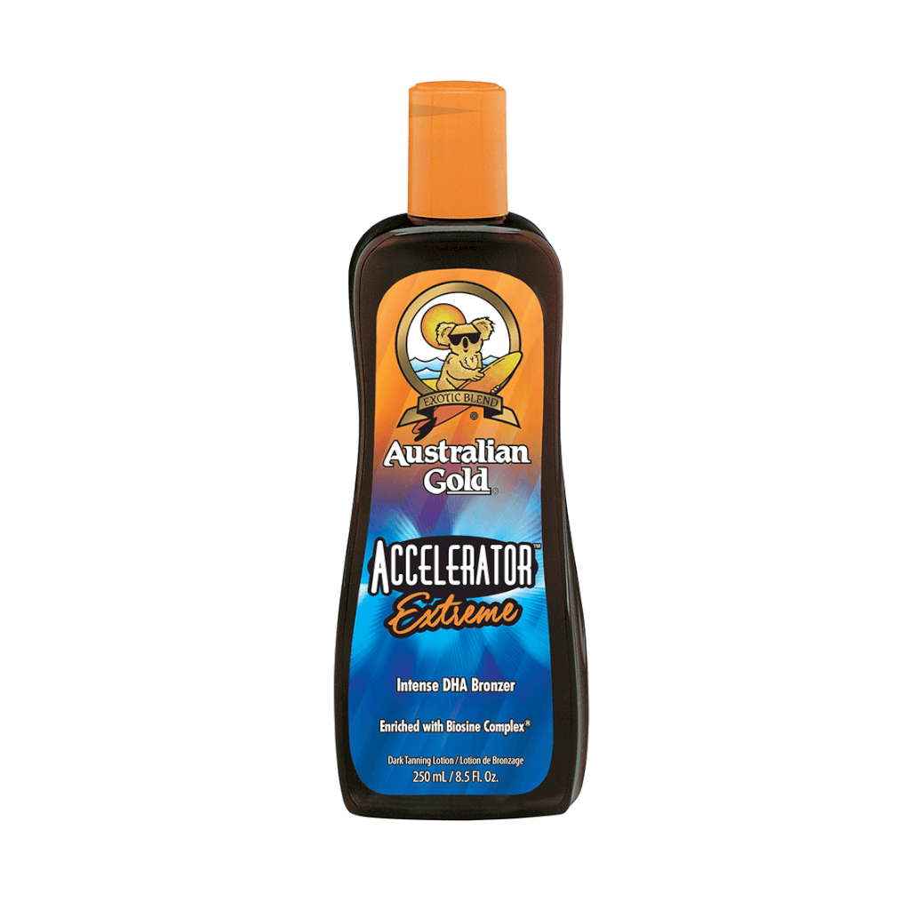 Australian Gold Accelerator Extreme tanning lotion bottle with koala logo